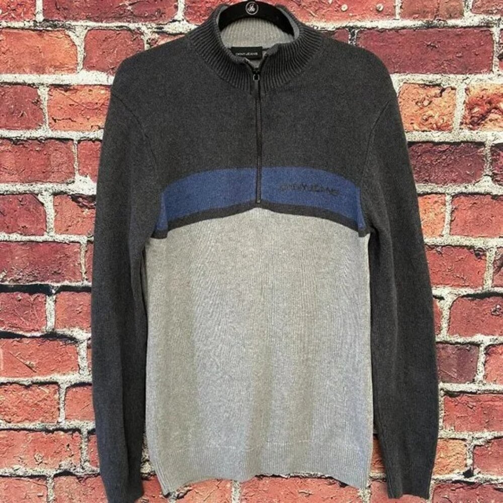 DKNY Men's Sweater Medium M Mock Neck Quarter Zip Pullover Tight Knit Gray